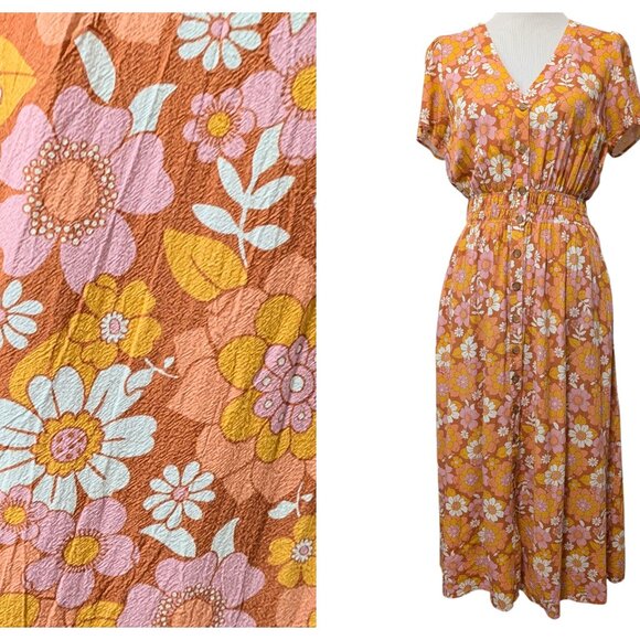 Marine Layer Womens Size M Orange Brown Annika Floral S/S Button Up Midi Dress - Picture 1 of 11